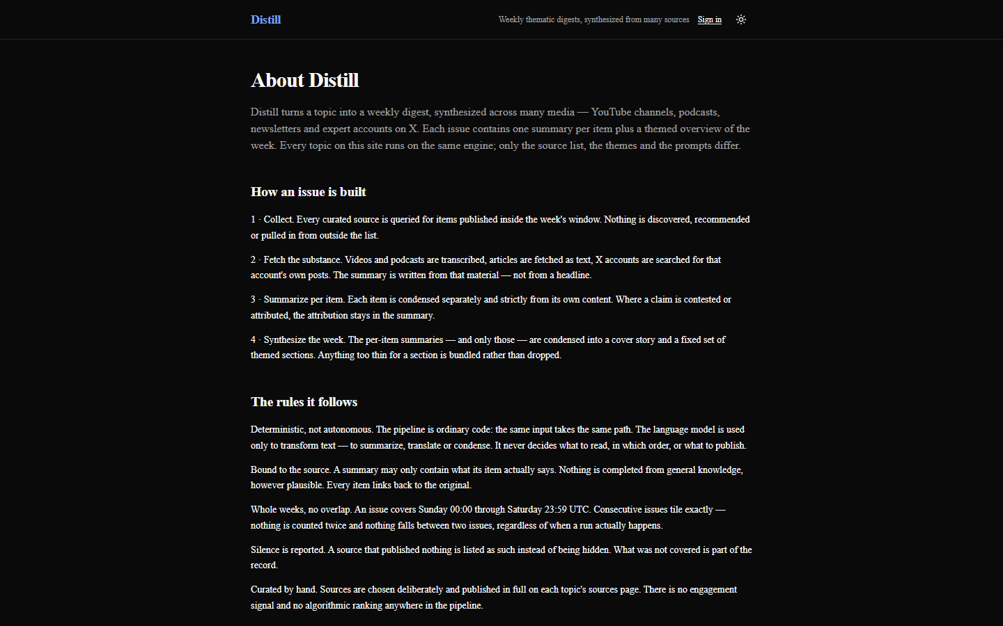 Distill — weekly thematic digests, synthesized from many sources |full